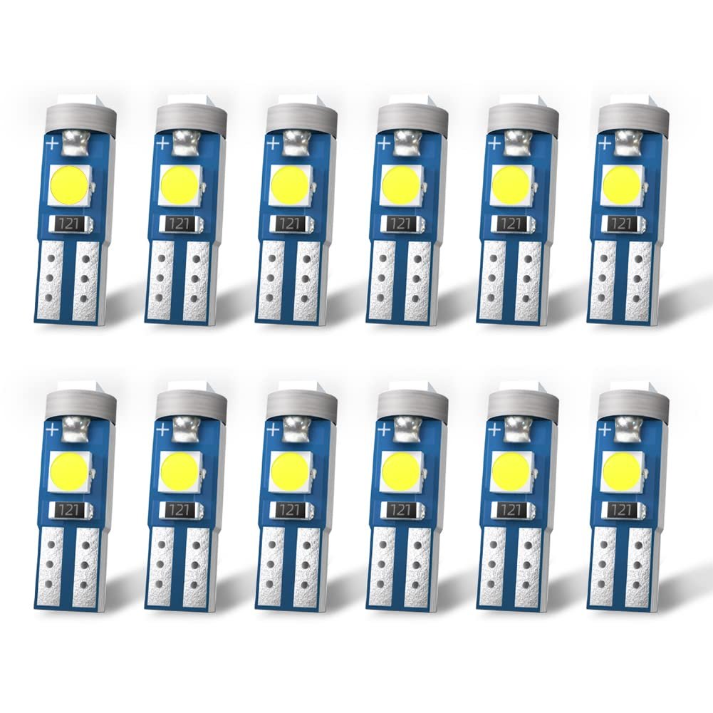 Long Life T5 74 73 2721 LED Bulb Dash Lights 3030 Chipsets CANBUS Error Free for Dashboard Instrument Panel Cluster AC Lights Bulb Replacement,Pack of 12 (White)
