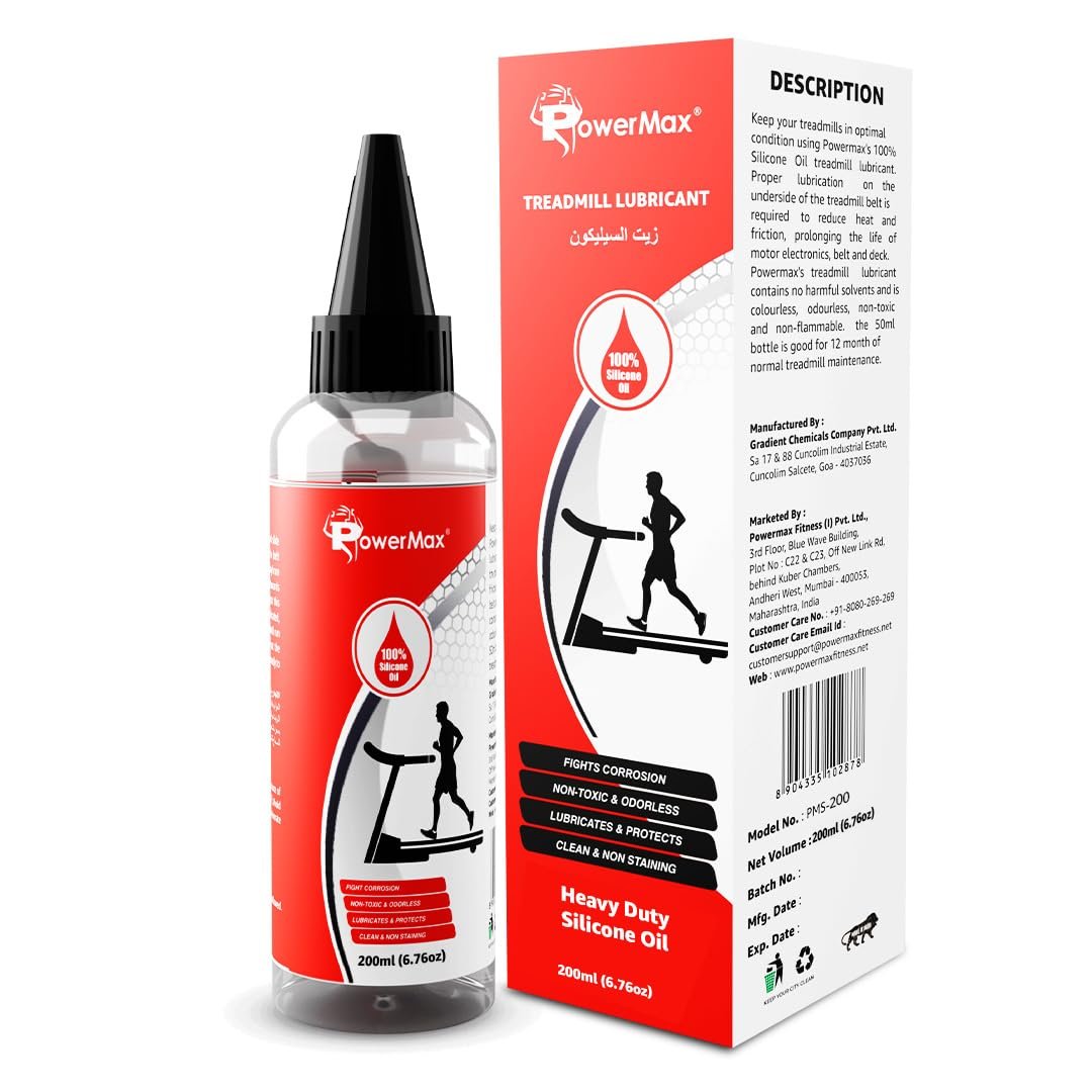 PowerMax Fitness PMS-200 Multi-Purpose 100% Pure Silicone Treadmill Lubricant, Full Belt Width Lubrication, No Odor & No Propellants, Nozzle Cap for Easy Application, White (200 ml)