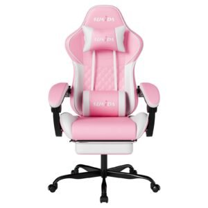SUKIDA Pink Gaming Chair with Footrest – Game Chair for Adults, Massage Lumbar Support Ergonomic Video Gamer Chairs Leg Rest, Computer Height Adjustable Headrest Backrest Recliner Esports, White