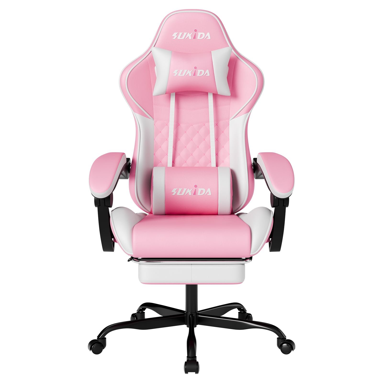 SUKIDA Pink Gaming Chair with Footrest – Game Chair for Adults, Massage Lumbar Support Ergonomic Video Gamer Chairs Leg Rest, Computer Height Adjustable Headrest Backrest Recliner Esports, White
