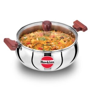 Hawkins 5 Litre Cook n Serve Handi, Triply Stainless Steel Handi with Glass Lid, Induction Sauce Pan, Saucepan, Silver (SSH50G)