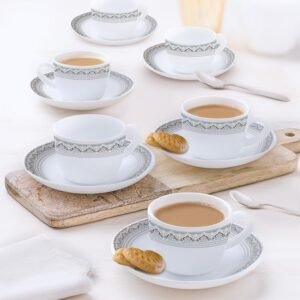 Larah by Borosil Classic Opalware Cup and Saucer | Set of 12 Pcs Tea/Coffee Cup and Saucer 140 ml Each | Microwave & Dishwasher Safe, Bone-Ash Free | Crockery Set Ideal for Daily Use & Gifting | White