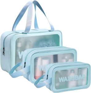 PVC Makeup Bag Travel Toiletries Organizer Cosmetic Bags Wash Bag Pouch for Travel Kit Toiletry Bag Portable Organizer Case Carry Pouch for Women Bathroom Set of 3 (Multi-Colors)