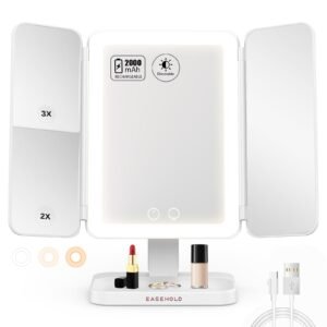 Easehold Tri-Fold Lighted Vanity Mirror Three Panel 21Pcs Led Light 180 Degree Free Rotation Countertop Cosmetic Makeup Mirror by Easehold