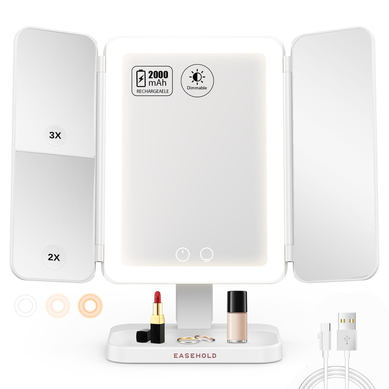 Easehold Tri-Fold Lighted Vanity Mirror Three Panel 21Pcs Led Light 180 Degree Free Rotation Countertop Cosmetic Makeup Mirror by Easehold