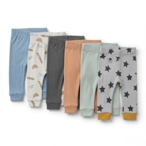 Baby Pyjama Pants Pack of 4 – Cotton Leggings, Diaper Fit Elastic Waist – Assorted Designs – Boy – 0-3 Months