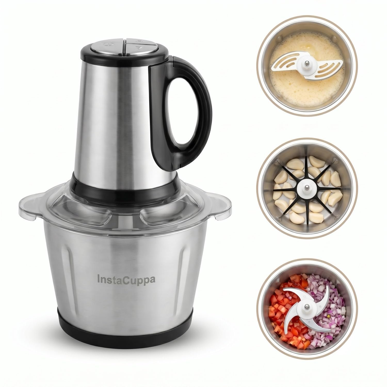InstaCuppa Electric Chopper for Kitchen Use with 3 Attachments, 2 Litre Stainless Steel Meat Mincer, 300W Vegetable Cutter Machine with Garlic Peeler and Egg Whisker, Carrot Grater for Busy Moms