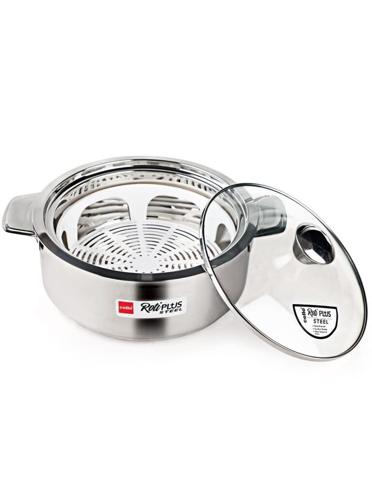 Cello Roti Plus Insulated Stainless Steel Casserole Hot Pot Case Box with Glass Lid, 1000ml, Silver | Double Wall PU Insulated, Inner Drip Tray Casserole Hot Pot For Roti Chapathi |Hot Pot For Kitchen