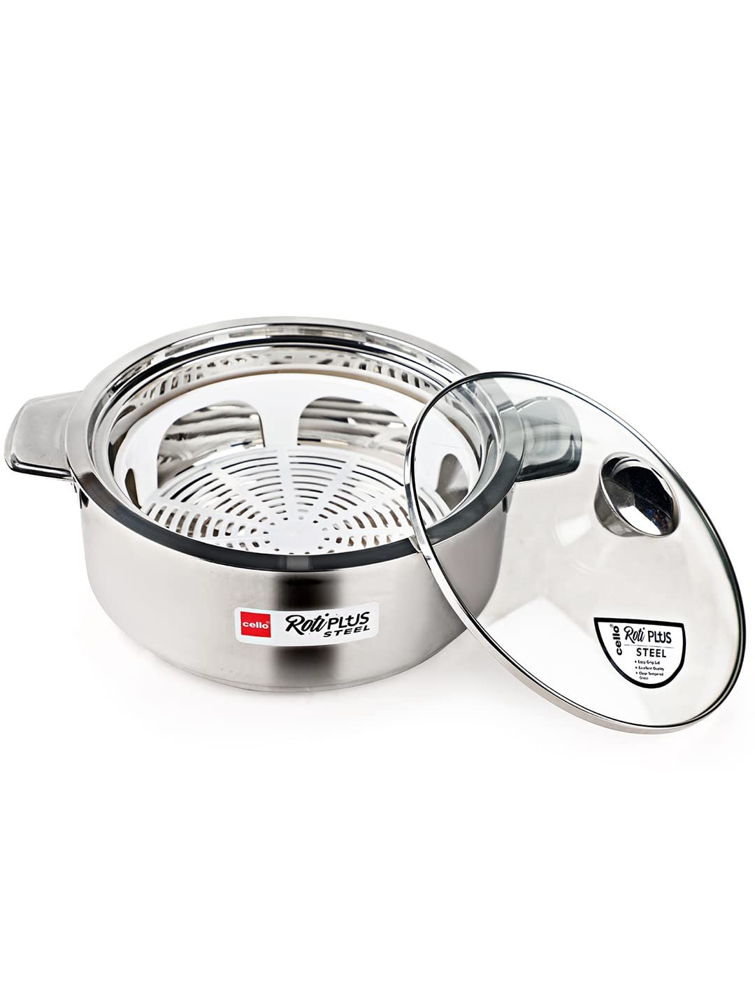 Cello Roti Plus Insulated Stainless Steel Casserole Hot Pot Case Box with Glass Lid, 1000ml, Silver | Double Wall PU Insulated, Inner Drip Tray Casserole Hot Pot For Roti Chapathi |Hot Pot For Kitchen