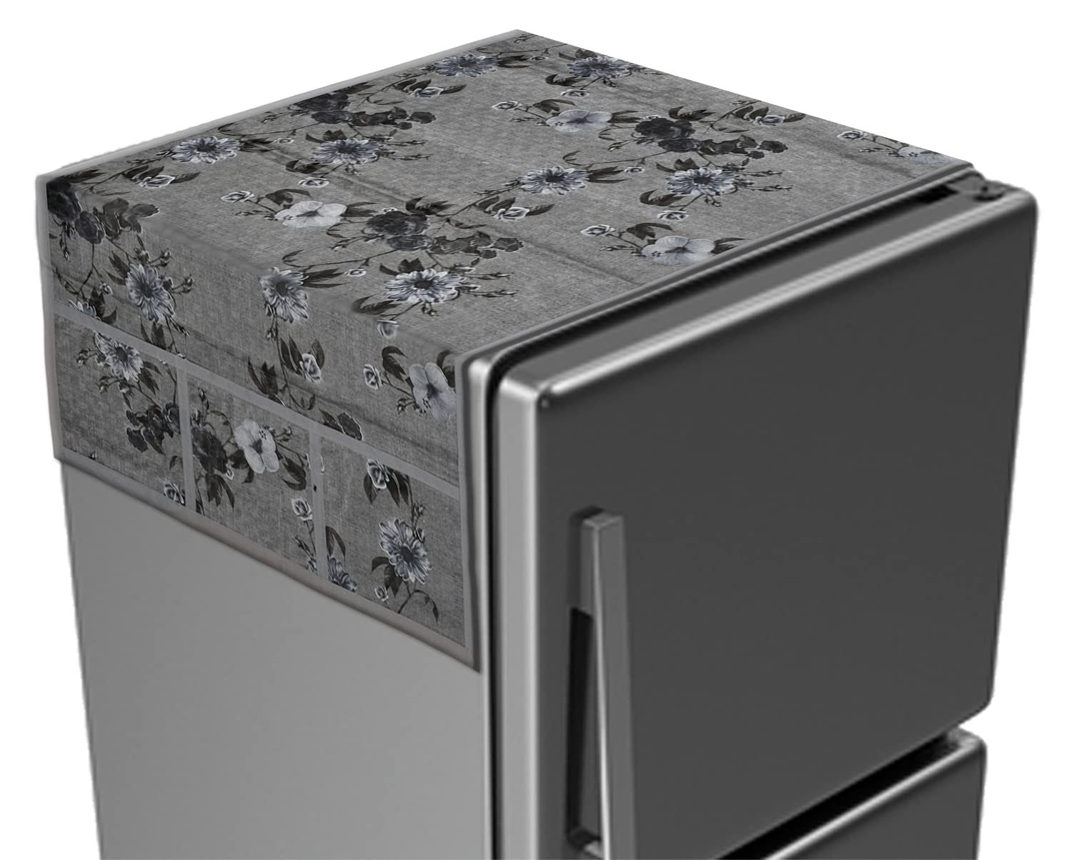 Kuber Industries Metallic Flower Print PVC Fridge Top Cover with 6 Utility Side Pockets (Grey)
