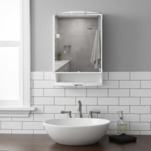 Amazon Basics Plastic Multipurpose, Wall-Mounted Storage Cabinet with Mirror, Small (White)