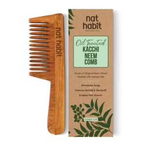 Nat Habit Kacchi Neem Wooden Comb, Soaked In 17 Herbs, Neem & Sesame Oil For Multi-Actions – Detangling, Frizz Control & Shine Suited For All Hair Types (Wide Tooth)