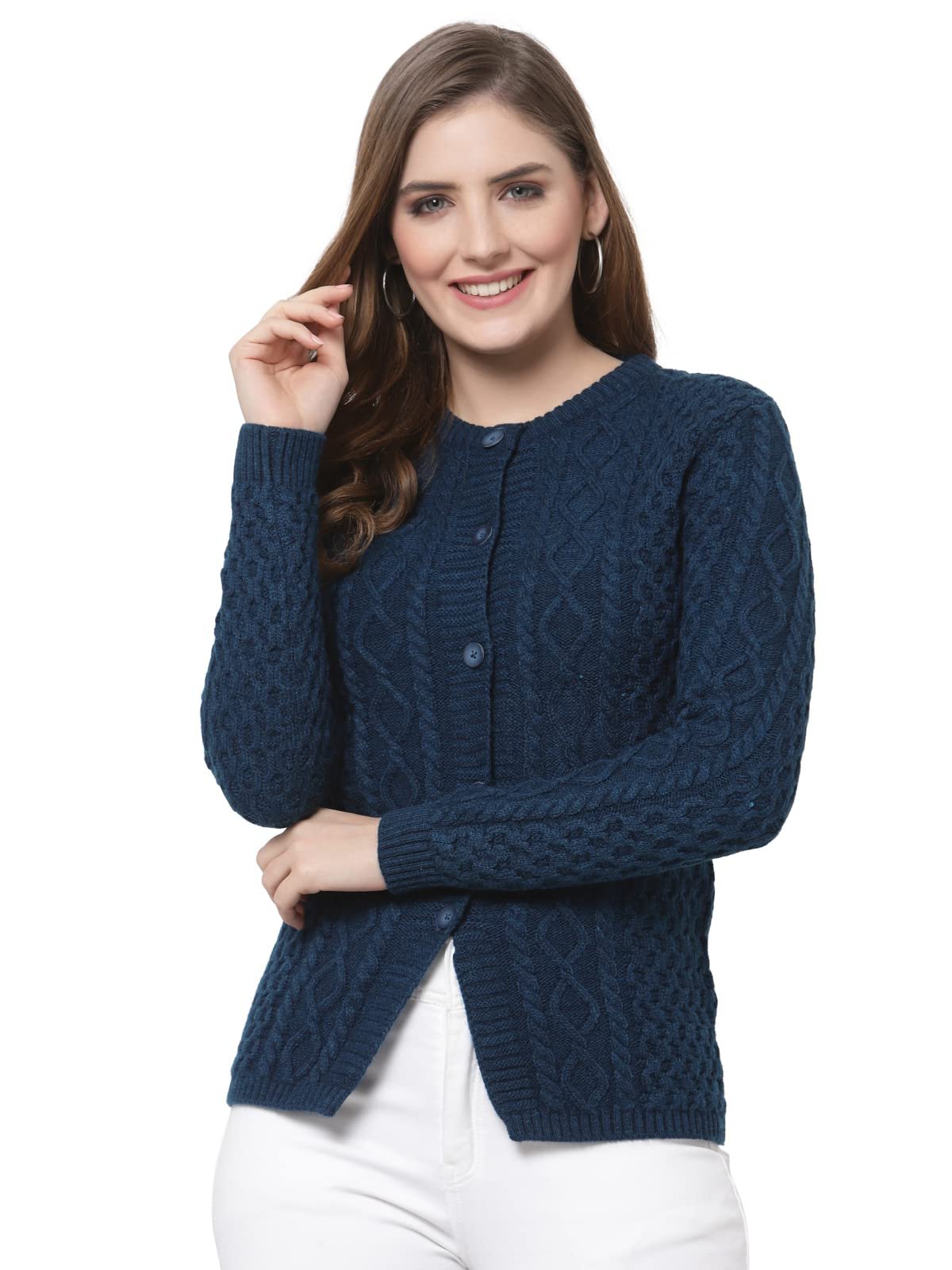 Kalt Women Sweater for Winters Woolen Acrylic Full Sleeve Round Neck Cable Design Cardigan Sweater
