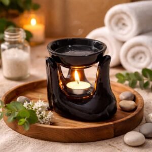 Pure Source India Black Ceramic Handtype Aroma Burner with 1 Tea Light Candle for Essential Oils & Wax Melts – Tealight Candle Diffuser, Oil Warmer for Spa, Meditation, Bedroom & Gift Use