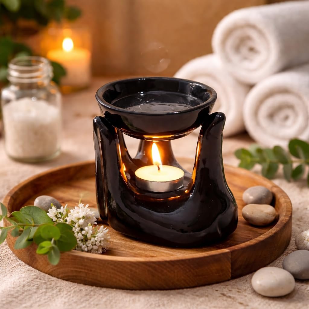 Pure Source India Black Ceramic Handtype Aroma Burner with 1 Tea Light Candle for Essential Oils & Wax Melts – Tealight Candle Diffuser, Oil Warmer for Spa, Meditation, Bedroom & Gift Use