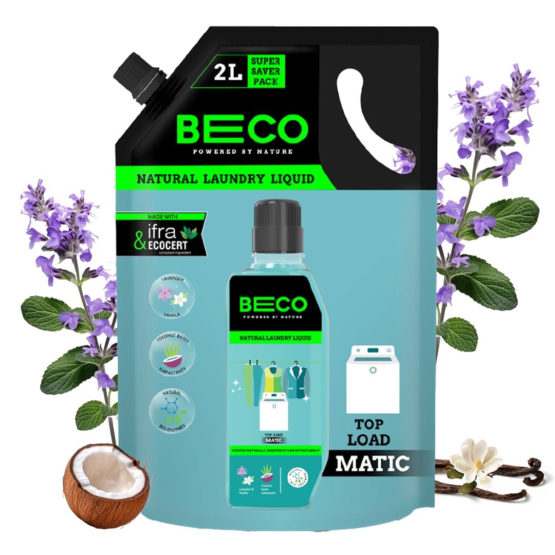 Beco Matic-Top Load Natural Laundry Liquid Detergent| 2 Litre Super Value Refill | Natural Formula for Tough Stain Removal & Fabric Care
