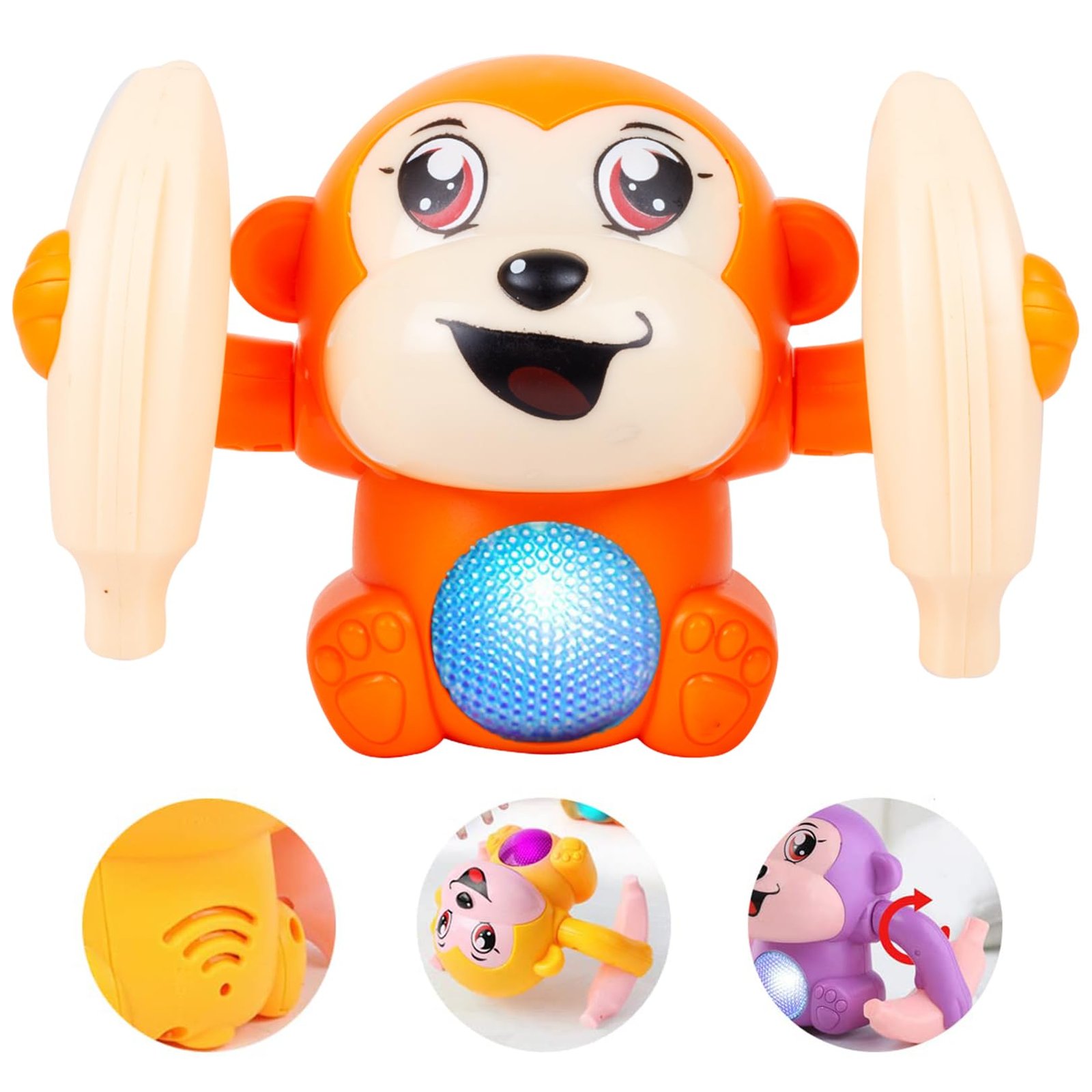 Gooyo GY-2029 Voice Control Banana Dancing Monkey Toy | Spinning, Rolling and Tumbling Toy for Kids with Bright LED Lights & Sound Effects | Orange | 3xAAA Battery (Not Included)