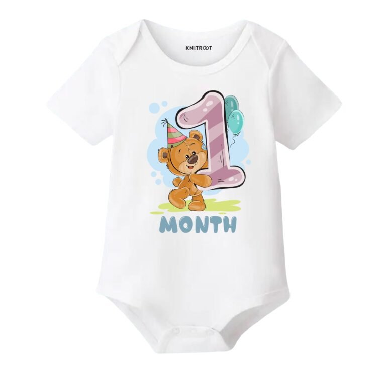Knitroot Monthly Birthday Teddy Special, Newborn Baby Half Sleeve Unisex Romper, Onesies, Sleepsuit, Body Suit, Envelope Neck, 1 to 12 Months Print, 0-12 Months, Infant Cloth for Boys & Girls