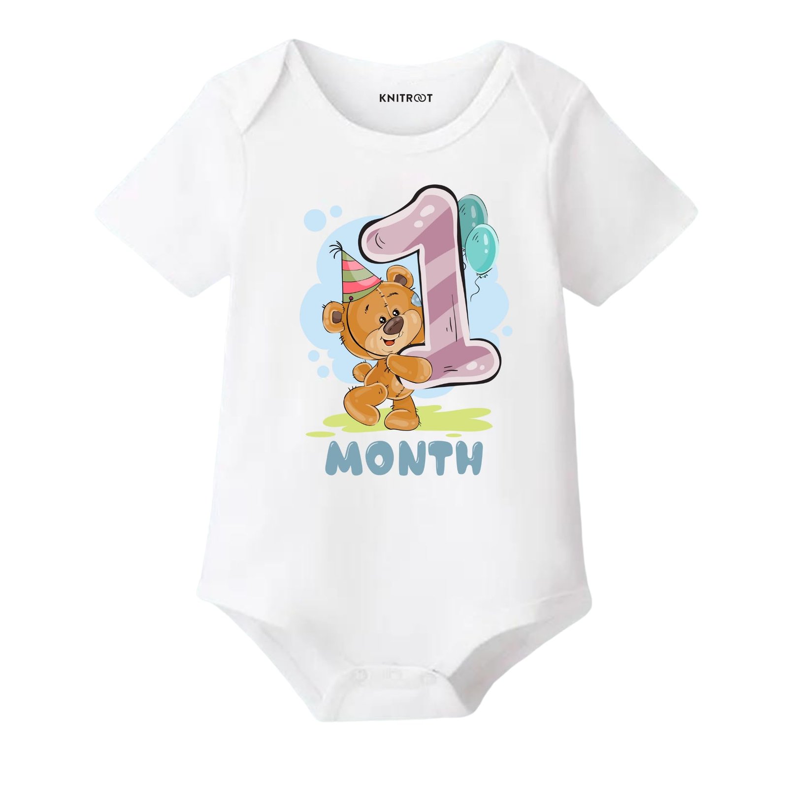 Knitroot Monthly Birthday Teddy Special, Newborn Baby Half Sleeve Unisex Romper, Onesies, Sleepsuit, Body Suit, Envelope Neck, 1 to 12 Months Print, 0-12 Months, Infant Cloth for Boys & Girls