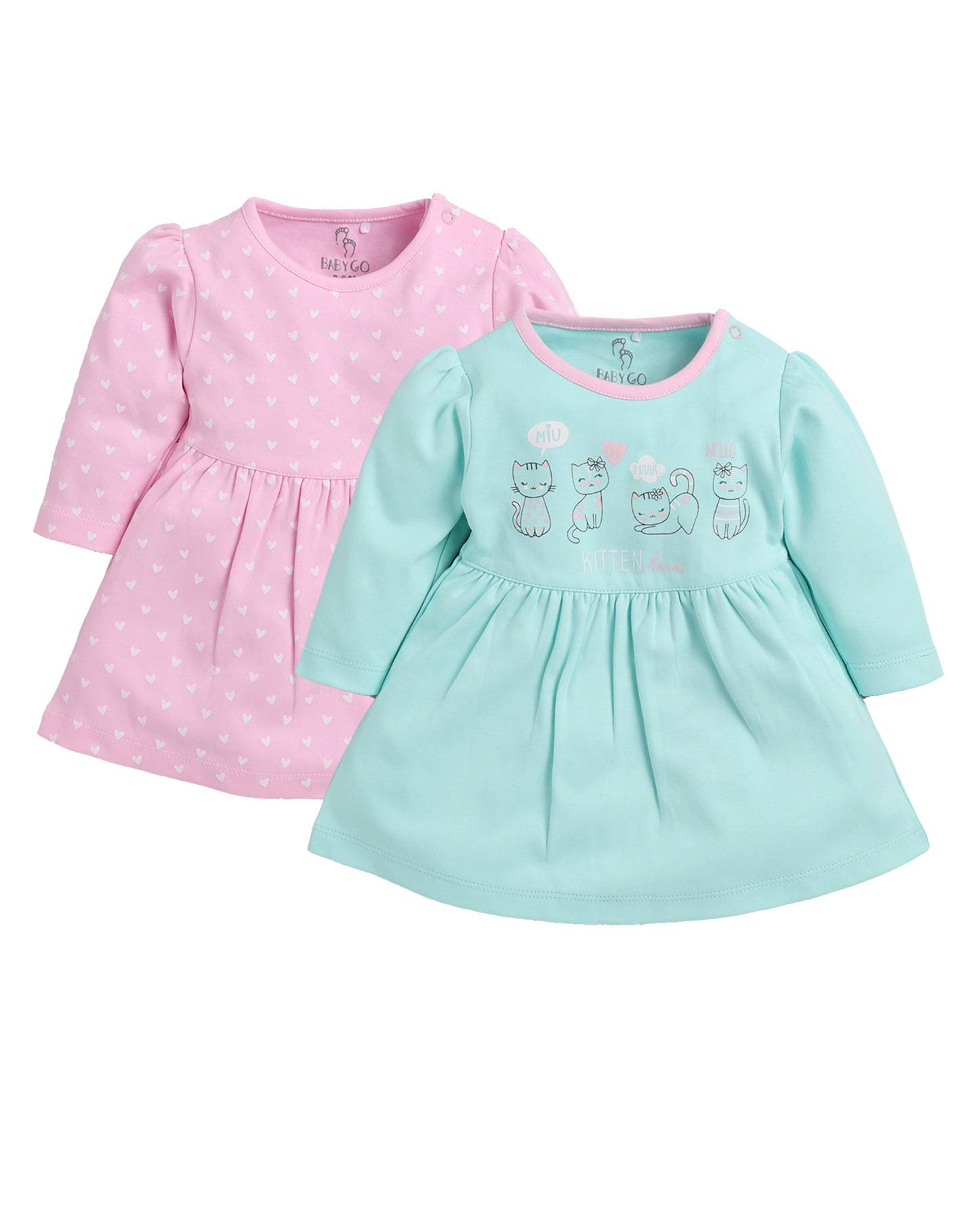 BABYGO Full Sleeve Regular Round Neck A Line Frocks for Baby Girls (Pack of 2)