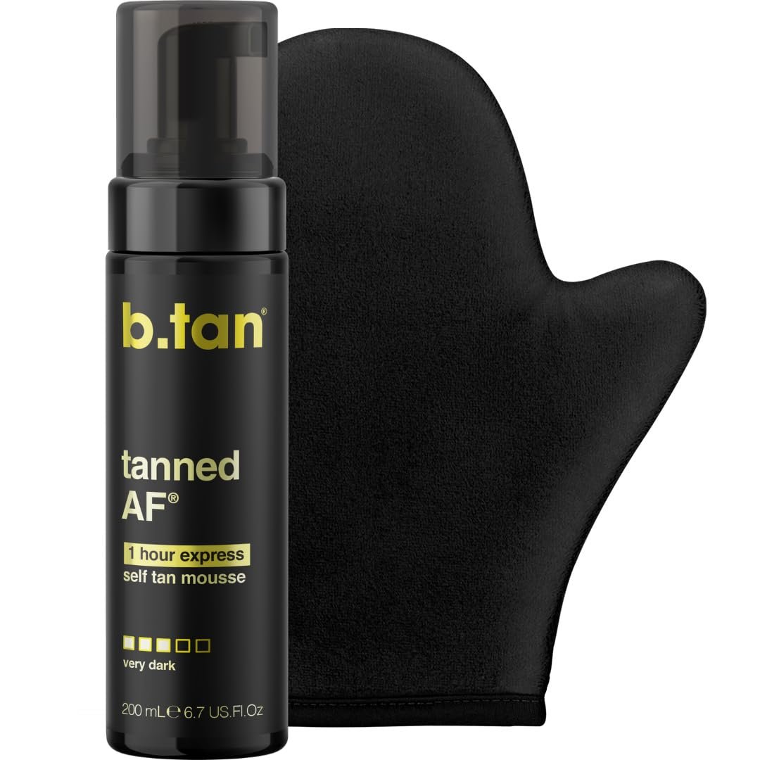 b.tan Tanned AF Tanning Kit – Self Tan Mousse with Applicator Mitt – Value Pack for Fastest, Darkest Tan