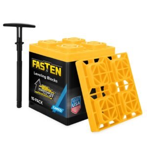 Camco FasTen RV Leveling Blocks – Features Interlocking Design for Customizable Height – Carrying Handle Twists to Secure Blocks for RV Storage – 8.5” x 8.5” x 1”, Yellow, 10-Pack (21022)