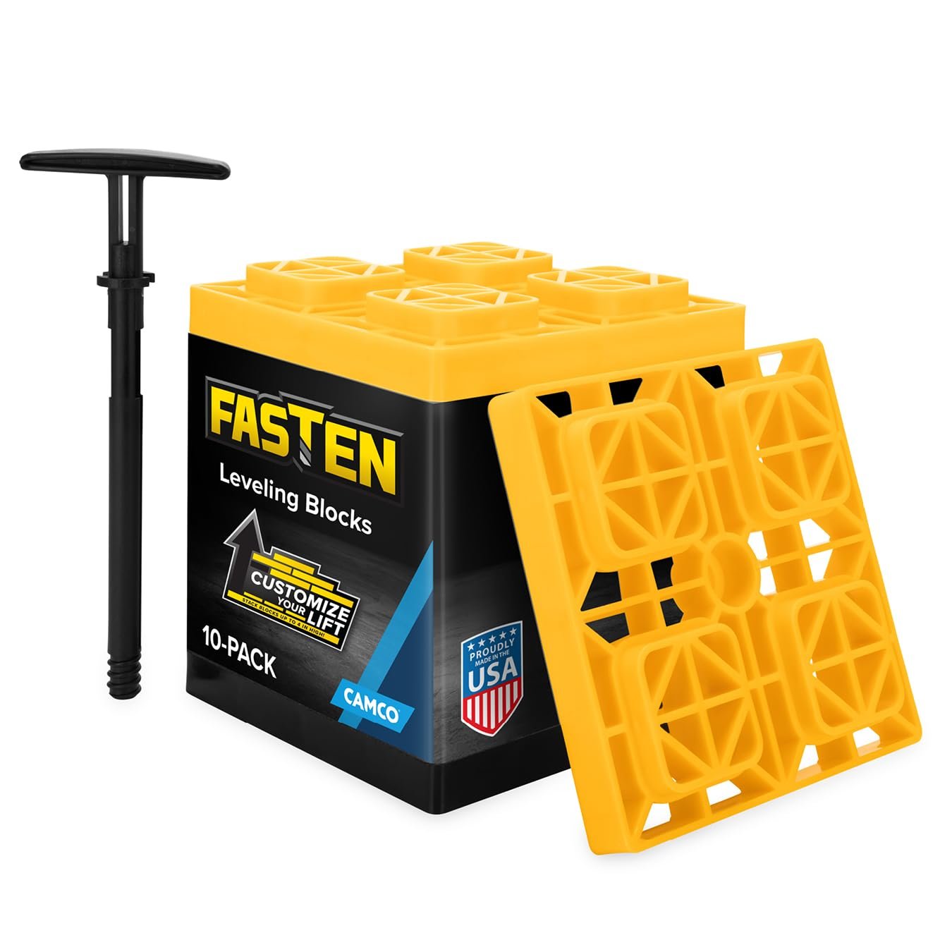 Camco FasTen RV Leveling Blocks – Features Interlocking Design for Customizable Height – Carrying Handle Twists to Secure Blocks for RV Storage – 8.5” x 8.5” x 1”, Yellow, 10-Pack (21022)
