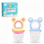 BabyGo Silicone Baby Fruit Nibbler & Teether with Rattle Handle | Soft Feeding Feeder for Fruits | Easy Grip Self-Feeding Teething Pacifier & Teether for Babies 6–12 Months | Multicolour | Pack of 2