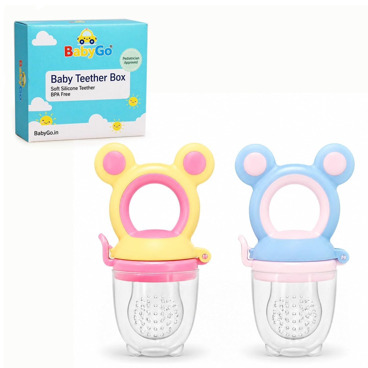 BabyGo Silicone Baby Fruit Nibbler & Teether with Rattle Handle | Soft Feeding Feeder for Fruits | Easy Grip Self-Feeding Teething Pacifier & Teether for Babies 6–12 Months | Multicolour | Pack of 2