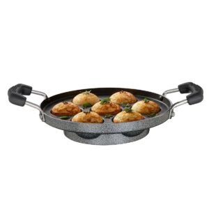 Prestige Omega Select Plus Non Stick Paniyarakkal | Glass Lid | Black | 20 cm | 7 Pits |Residue Free Coating |Metal Spoon Friendly | Ergonomic Handle