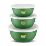 URBAN CHEF Mixing Bowl Set of 3 Stainless Steel (500ml, 800ml, 1250ml) | Microwave Safe & Dishwasher Safe | ISI Certified Bowls | Bowl Set with Lid | Serving Bowls | Green