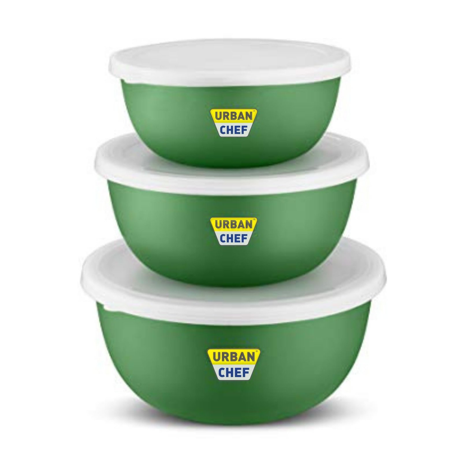 URBAN CHEF Mixing Bowl Set of 3 Stainless Steel (500ml, 800ml, 1250ml) | Microwave Safe & Dishwasher Safe | ISI Certified Bowls | Bowl Set with Lid | Serving Bowls | Green