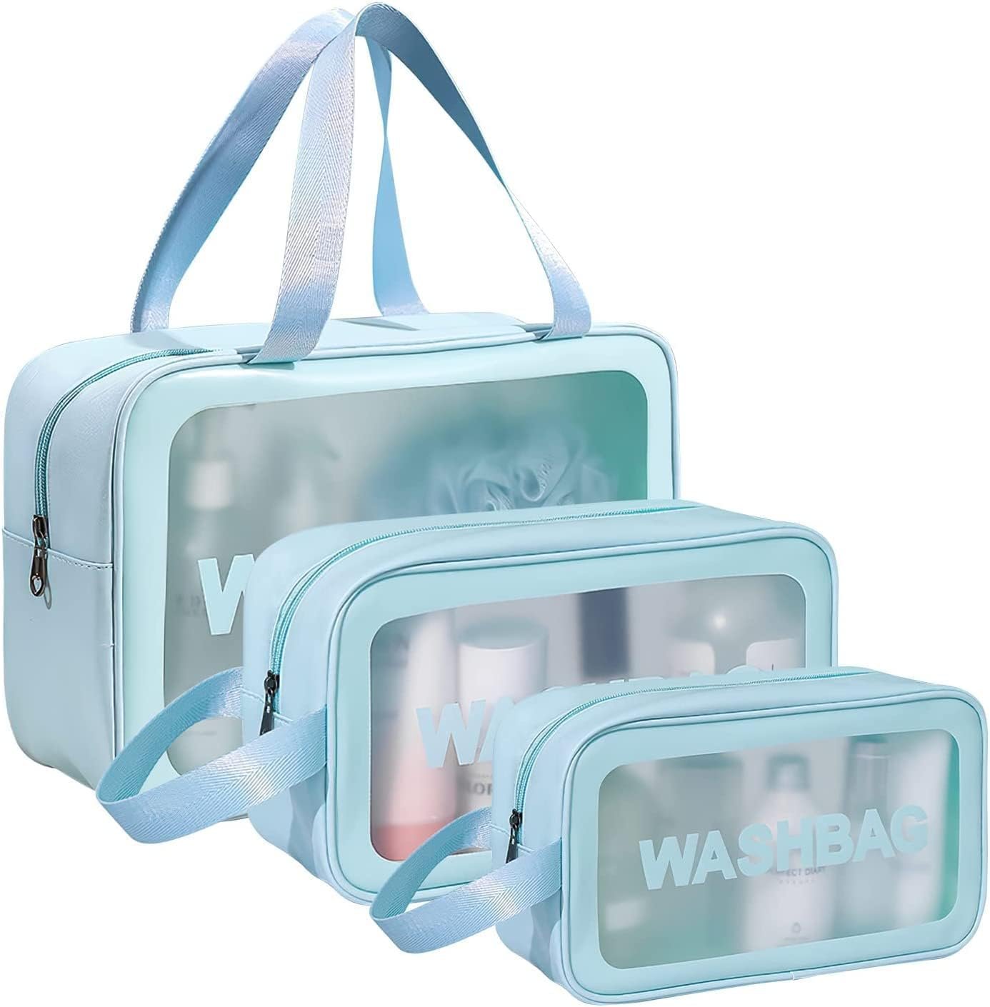 KUKLAR Wash Bag Pouch for Travel Kit Toiletry Bag Cosmetic Bag Make Up Box for Brushes Accessories with Handle Large Capacity Translucent Waterproof Travel Storage Organizer Set of 3 (Sky Blue)