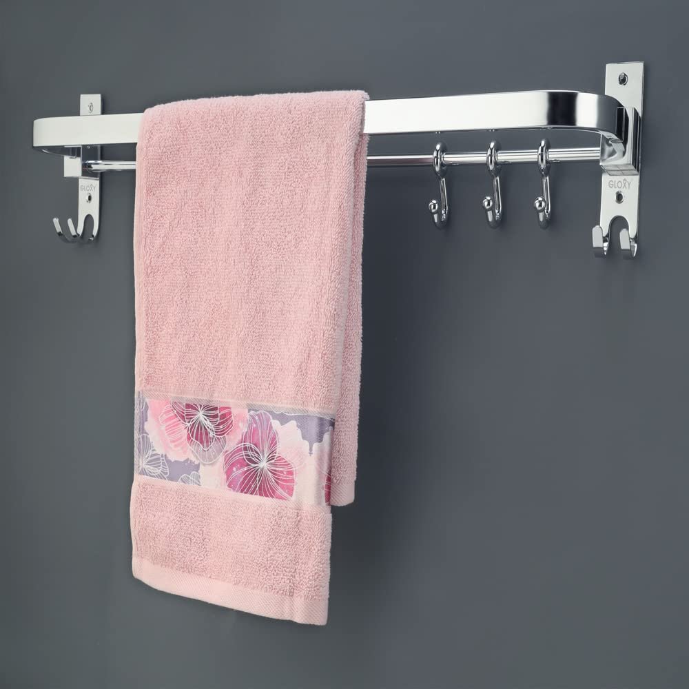 Gloxy Enterprise 24 Inch Wall Mounted Stainless Steel Bathroom Towel Hanger – Space-Saving – Durable Bathroom Accessories and Fittings – Easy Installation- (24 Inch, Chrome, Foldable)