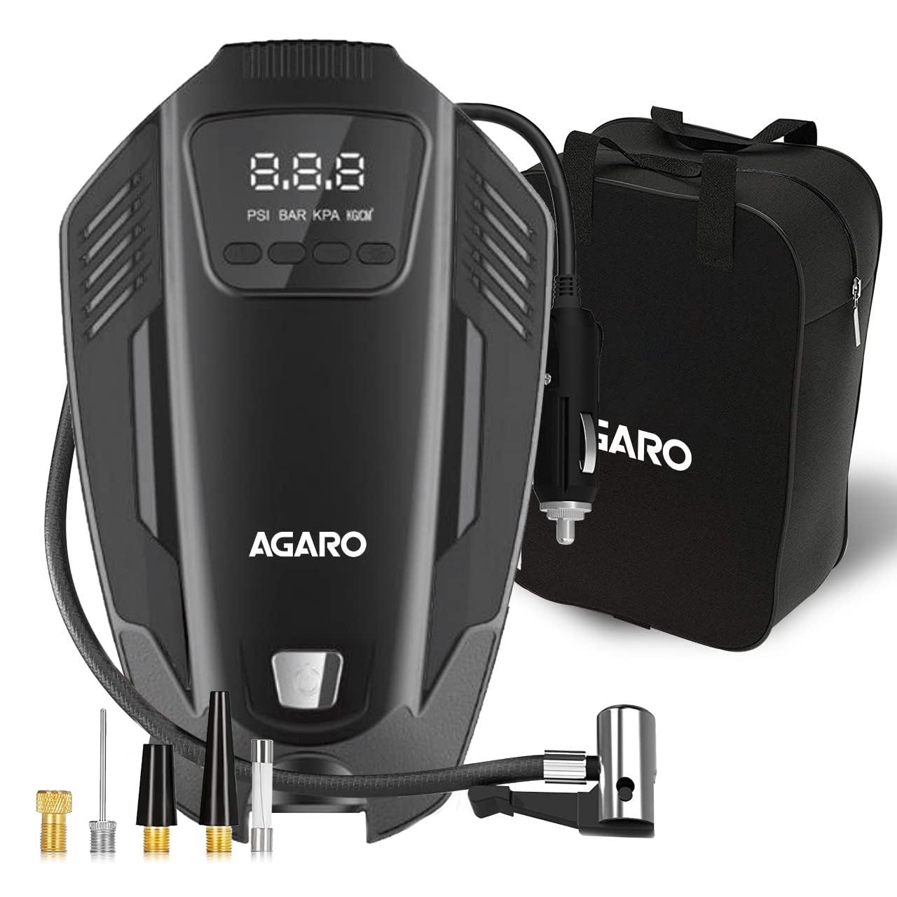 AGARO Primo High Power Digital Tyre Inflator for Car, Air Inflator Car Accessories, 120 Watt Air Pump with 12V Plug, Upto 150 Psi, Emergency LED Light, Compact & Portable Air Compressor