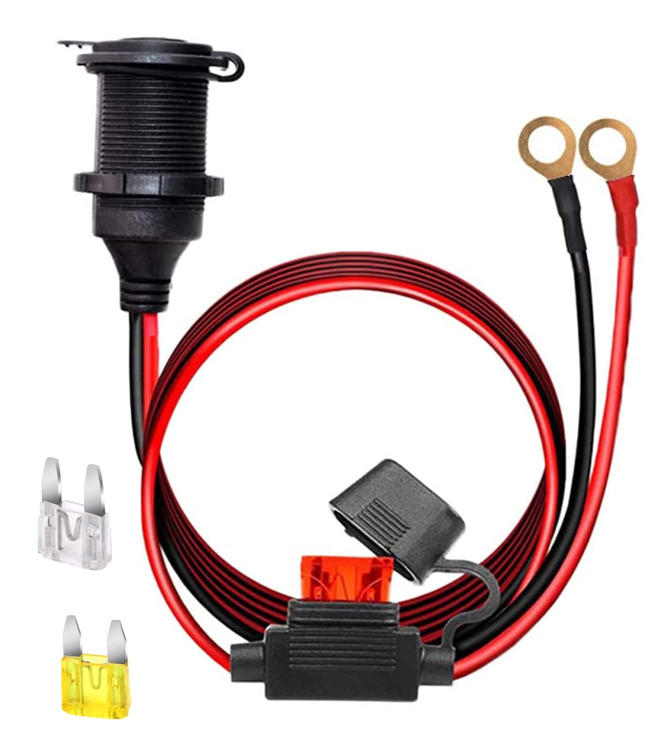 12V/24V Fixed Thread Cigarette Lighter Socket Extension Cable with Perforated Terminal Direct Battery Type car Adapter 2.5mm² 20A Heavy Duty Cable 10FT（Free Two Blade fuses）