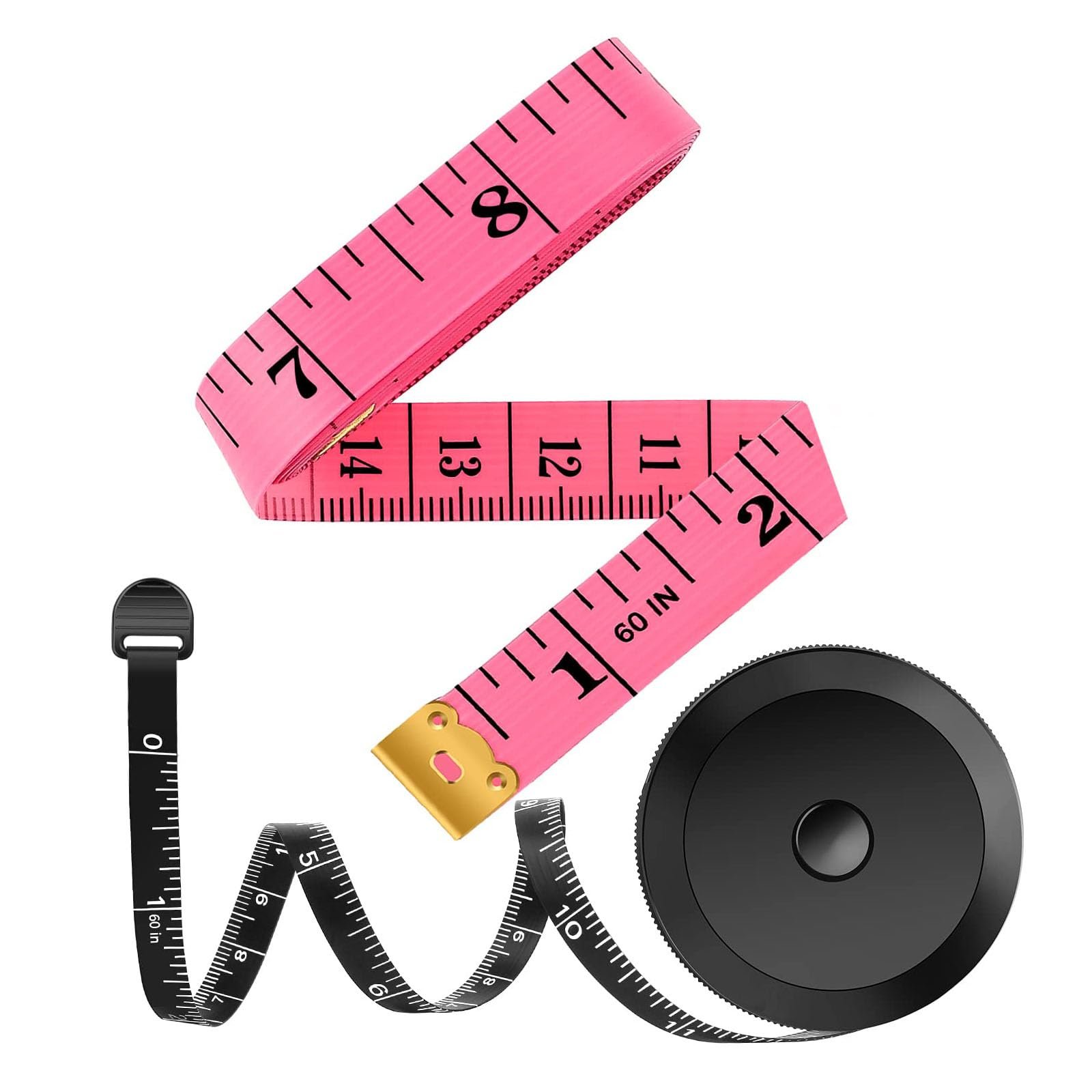 iBayam 2 Pack Tape Measure Measuring Tape for Body Fabric Sewing Tailor Cloth Knitting Craft Measurements, 60-Inch Soft Fashion Pink & Retractable Black Tape Measure Body Measuring Tape Set, Dual Side