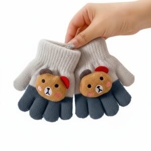 Baby Winter Gloves for 1-7 Years | Cute Teddy Bear Design Full Finger Knitted Hand Gloves | Warm, Windproof, Flexible, Gift for Kids