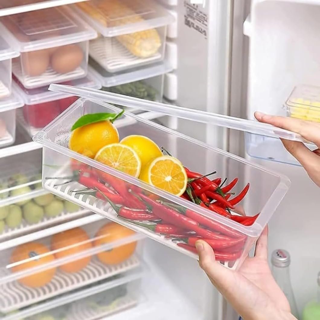 Fridge Storage Box -TEKCOOL (Pack of 6), Fridge Organiser Storage Boxes with Removable Drain Plate, Lids, Stackable Organizer, Fridge Storage Box Keep Fruits, Vegetables Fresher, 1500 ML’