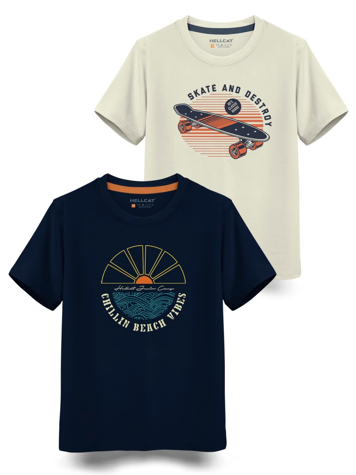 HELLCAT Boys Round Neck Printed Blended Cotton Tshirt -Combo Pack of 2 – Orange/Blue