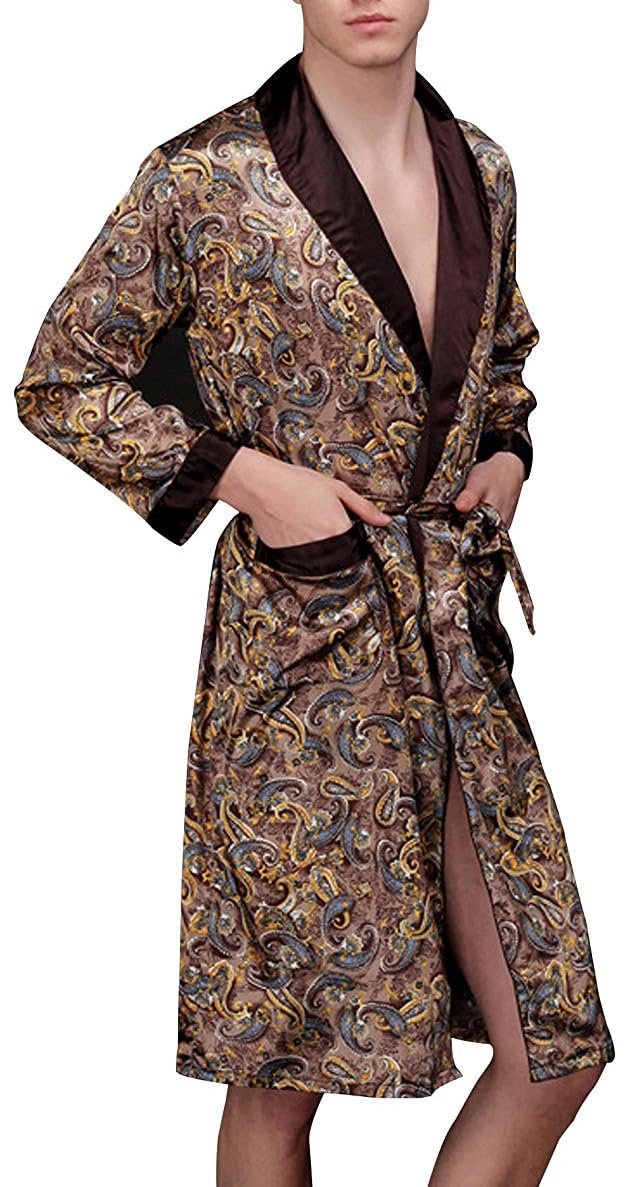 Lavenderi Mens Silky Satin Lounge Robe, Long Lightweight Sleepwear WF020-Taupe-XL