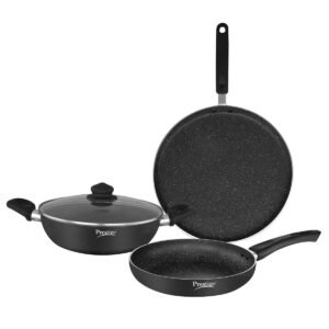 Prestige Omega Deluxe Granite Aluminium 3 Pcs Set- Tawa, Fry Pan & Kadai with 1 Glass Lid|Non-Stick|Spatter-Coated Surface|Induction & Gas Compatible|Black