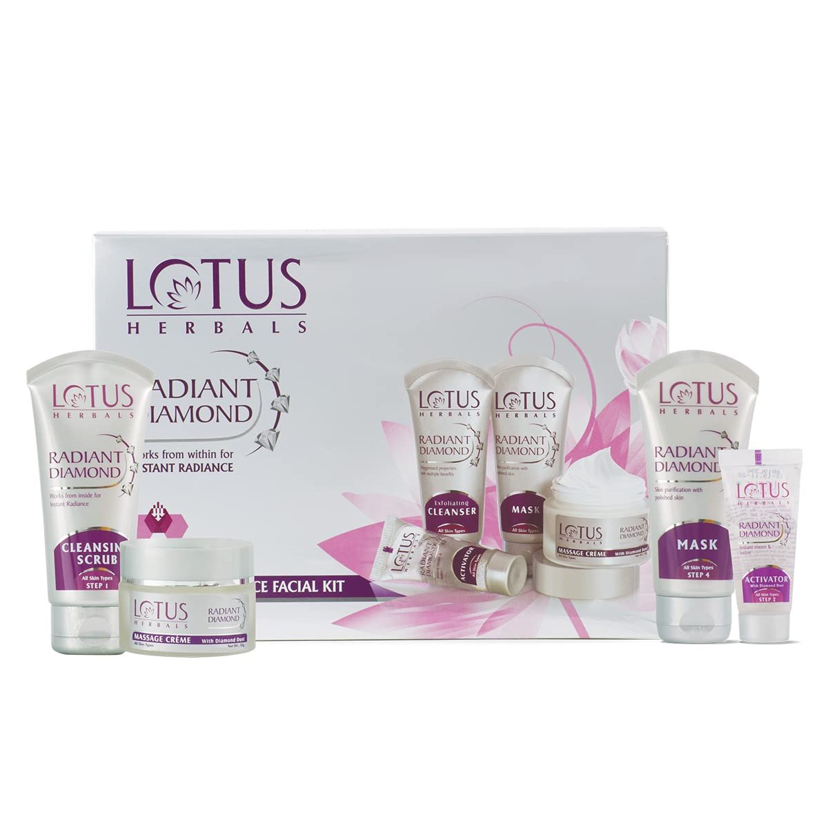 Lotus Herbals Radiant Diamond Cellular Radiance 5 in 1 Facial Kit with Diamond Dust & Cinnamon for All Skin Types 170g