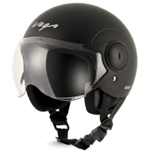 Vega Atom ISI Certified Smooth Matt Finish Open Face Helmet for Men and Women with Clear Visor(Dull Black, Size:M)