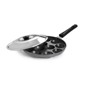 CELLO Aluminium Nonstick 12 Cavity Appam Patra Pan Maker with Steel Lid, Black | Single Bakelite Handle, Gas Stove Compatible Mini Die-Cast Uttappa Paniyarakkal Cup Cake Frying Pan Kadhai for Kitchen