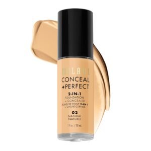 Milani Conceal + Perfect 2-in-1 Foundation + Concealer | Full Coverage Long Wear Makeup | Lightweight, Hydrating with Vitamin E | Covers Redness, Dark Circles, Crease-Proof, Paraben-Free | 02 Natural | 30ml
