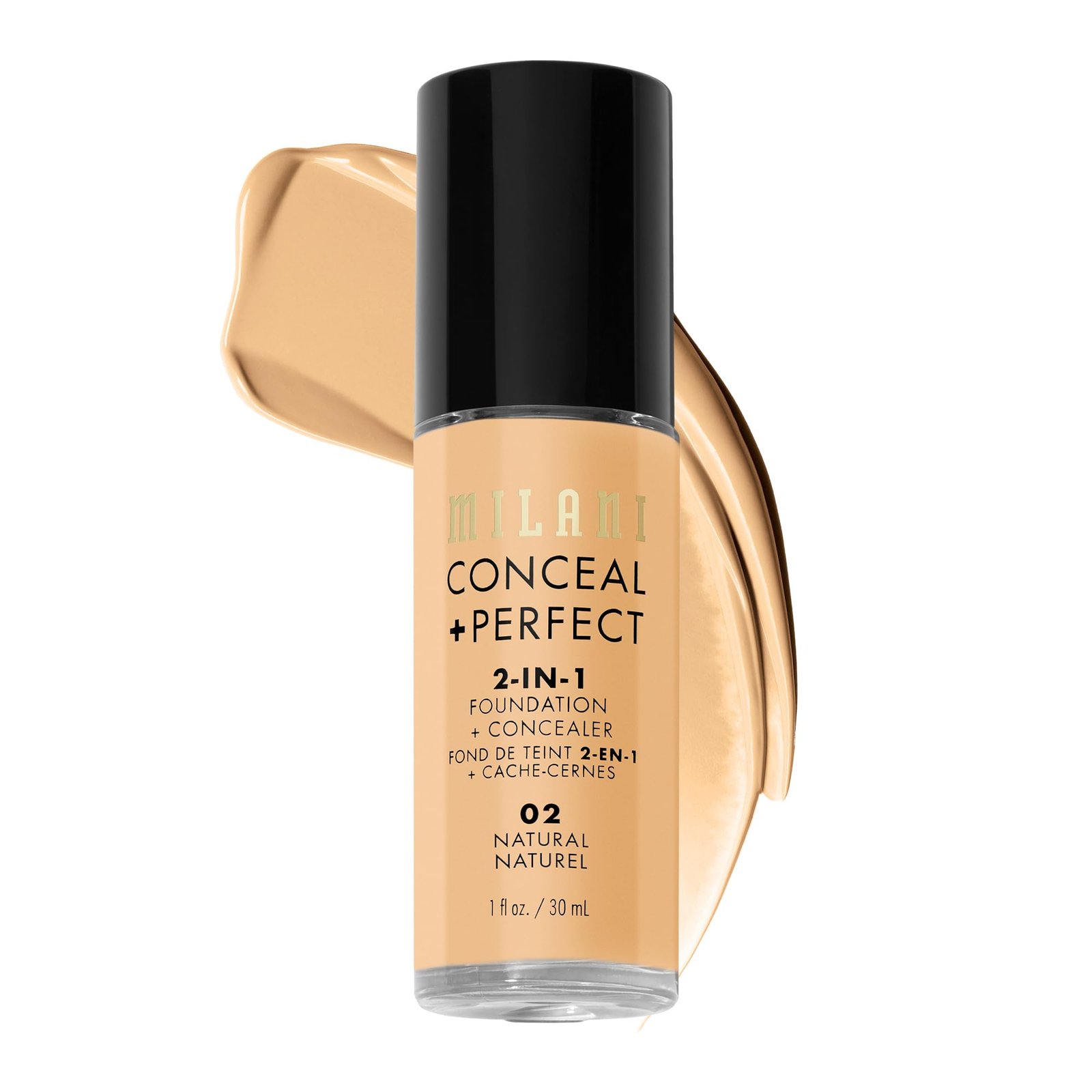Milani Conceal + Perfect 2-in-1 Foundation + Concealer | Full Coverage Long Wear Makeup | Lightweight, Hydrating with Vitamin E | Covers Redness, Dark Circles, Crease-Proof, Paraben-Free | 02 Natural | 30ml