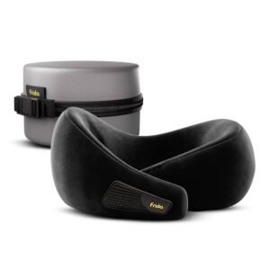 Frido Travel Neck Pillow, 100% Hi-Per Foam, Lightweight Neck Support Pillow, Neck Pillow for Flight Travel, Memory Foam, Adjustable Velcro Straps, Free Travel Pouch (Core Black)