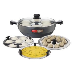 Prestige Hard Anodised Multi Kadhai | 28 cm | Black | Induction Base | Multi-Purpose Accesories – Idli Stand, Dhokla Stand and Steamer | Round Bottom | Durable Handles