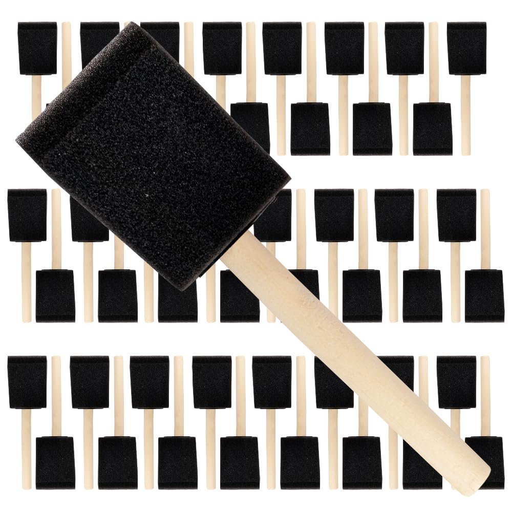 Pro Grade 2 Inch Foam Sponge Wood Handle Paint Brush Set (48 Value Pack) Lightweight, Durable and Used for Acrylics, Stains, Varnishes, Crafts, Art, Glue Brushes, Touch UP’s, Polyurethane